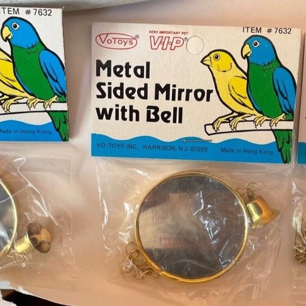 X's 3 Vo-Toys Small Bird & Chicken Metal Sided Hanging 2" Mirror 6" Toy Bell